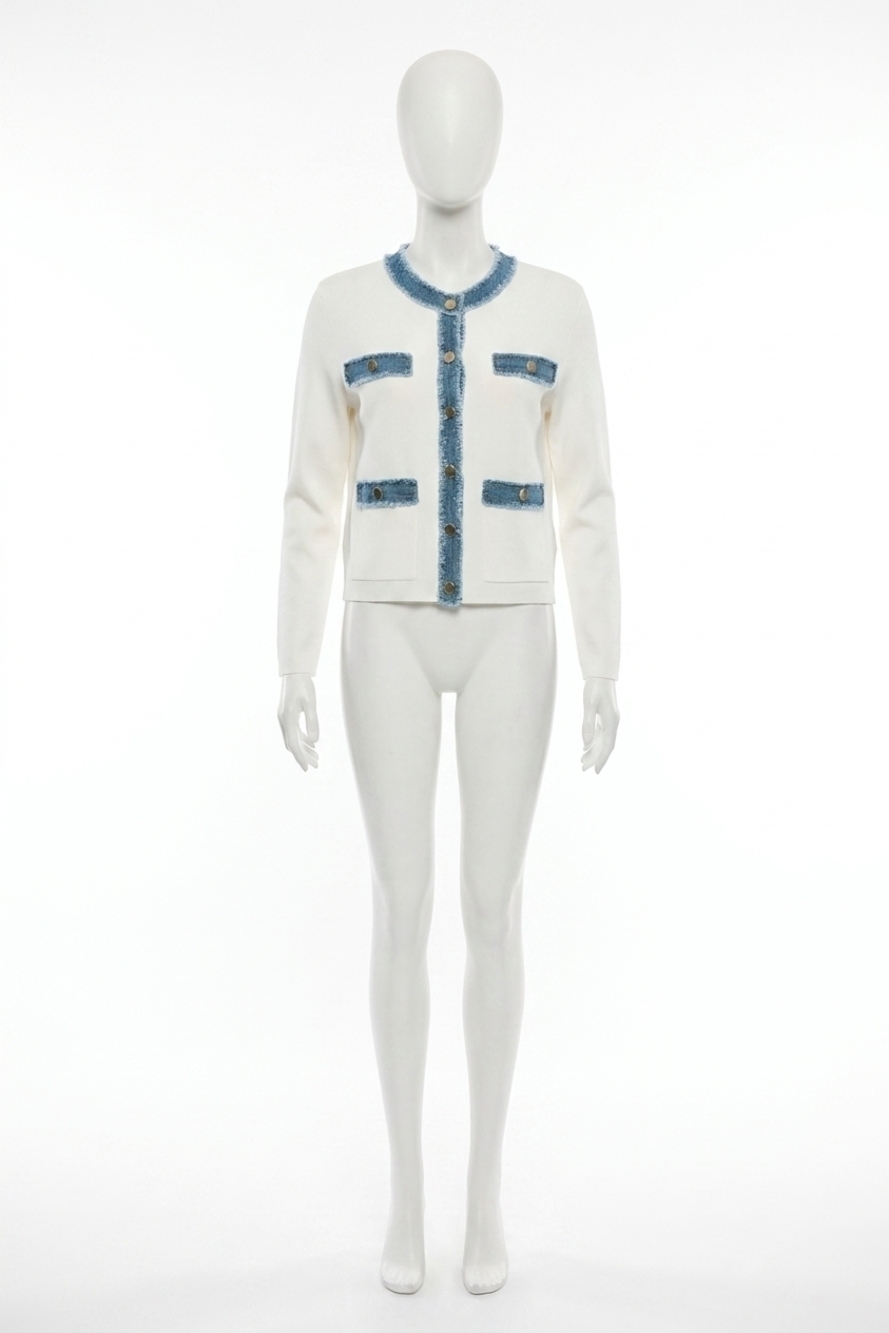 NEW JOSEPH RIBKOFF denim trim button front jacket in winter white/indigo